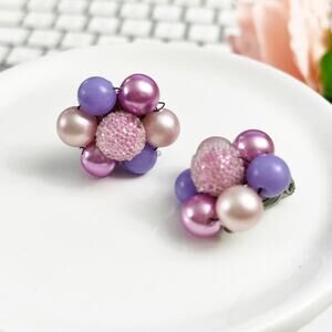Vintage Mid-Century JAPAN Lavender Faux Pearl Cluster Clip Earrings